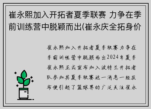 崔永熙加入开拓者夏季联赛 力争在季前训练营中脱颖而出(崔永庆全拓身价)