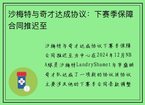 沙梅特与奇才达成协议：下赛季保障合同推迟至