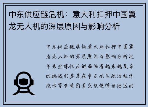 中东供应链危机：意大利扣押中国翼龙无人机的深层原因与影响分析