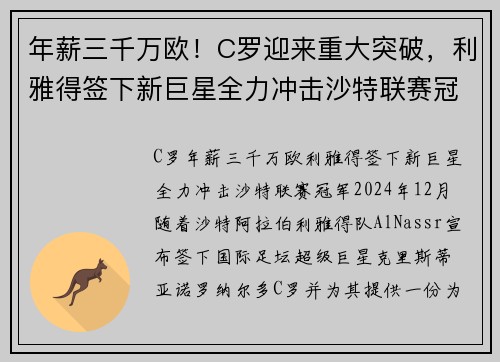 年薪三千万欧！C罗迎来重大突破，利雅得签下新巨星全力冲击沙特联赛冠军