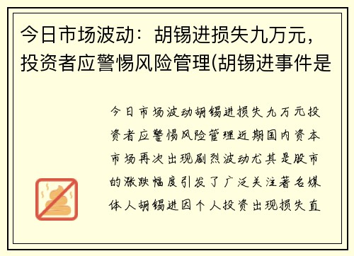 今日市场波动：胡锡进损失九万元，投资者应警惕风险管理(胡锡进事件是真的吗)