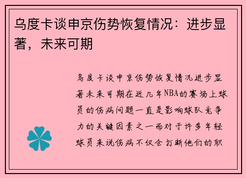 乌度卡谈申京伤势恢复情况：进步显著，未来可期