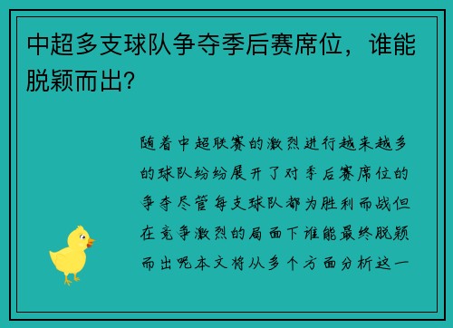 中超多支球队争夺季后赛席位，谁能脱颖而出？