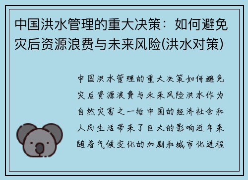 中国洪水管理的重大决策：如何避免灾后资源浪费与未来风险(洪水对策)