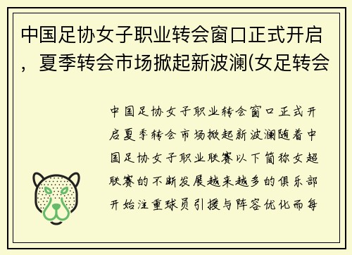 中国足协女子职业转会窗口正式开启，夏季转会市场掀起新波澜(女足转会费排名)