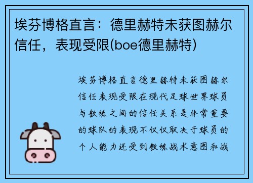 埃芬博格直言：德里赫特未获图赫尔信任，表现受限(boe德里赫特)