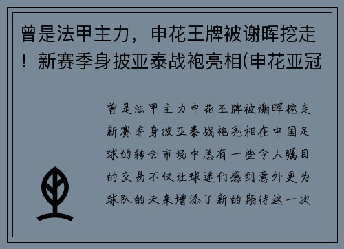 曾是法甲主力，申花王牌被谢晖挖走！新赛季身披亚泰战袍亮相(申花亚冠赛程2020赛程表转播)