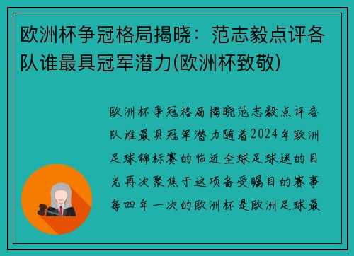 欧洲杯争冠格局揭晓：范志毅点评各队谁最具冠军潜力(欧洲杯致敬)